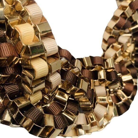 Vintage Brown & Tan Gold Tone braided Large Chunky Box Chain Statement Necklace - Picture 7 of 8
